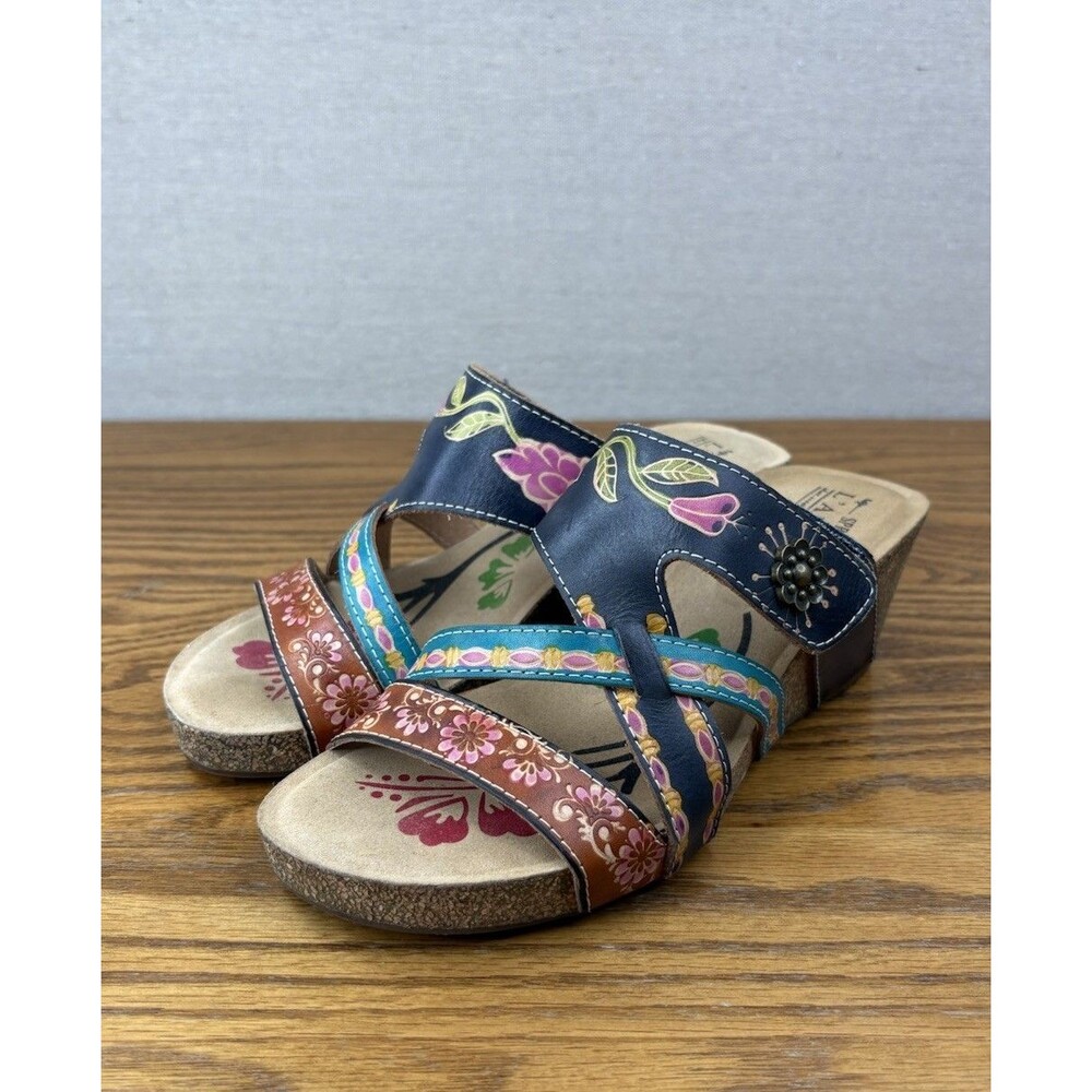 L'Artiste Spring Step Swan Navy Multi Leather Wedge Slide Sandals Women’s 6.5